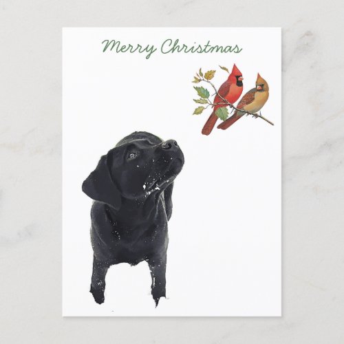 Black Lab Merry Christmas Cute Dog Birds Labrador Holiday Postcard