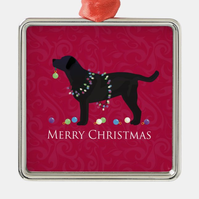 Black Lab Merry Christmas Design Metal Ornament (Front)