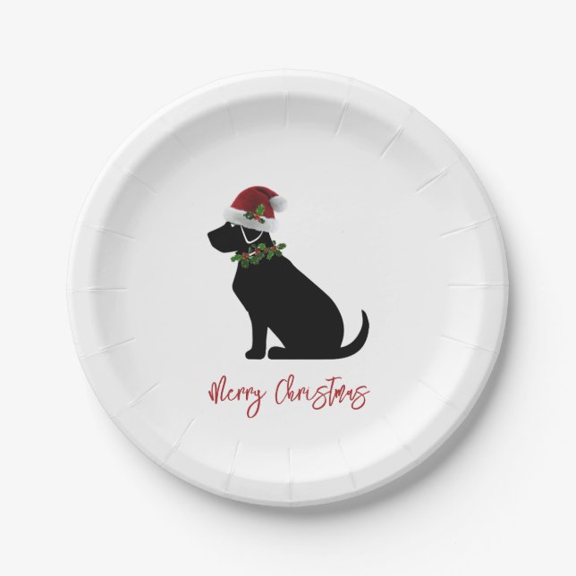 Black Lab Merry Christmas Santa Hat Holly Modern Paper Plates (Front)