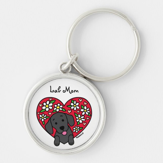 Black Lab Mom Floral Heart Keychain (Front)