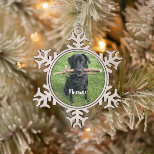 Black Lab Personalized Dog Photo and Dog Name Snowflake Pewter Christmas Ornament