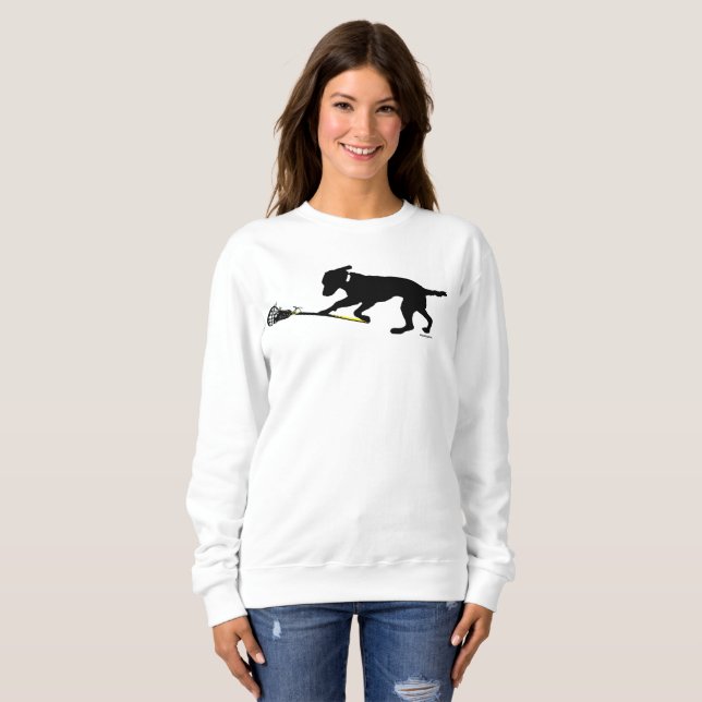 Black Lab Playing Lacrosse Womens Sweatshirt (Front Full)