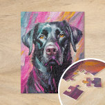 Black Lab Portrait Modern Art Jigsaw Puzzle<br><div class="desc">A vibrant modern art portrait of a black labrador retriever featuring bold, abstract brushstrokes in shades of black, pink, and yellow. The expressive strokes capture the playful personality of the dog, while the unexpected color palette adds a whimsical, artistic twist to the traditional pet portrait. This dynamic piece combines energy...</div>