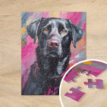 Black Lab Portrait Modern Art Jigsaw Puzzle<br><div class="desc">A vibrant modern art portrait of a black labrador retriever featuring bold, abstract brushstrokes in shades of black, pink, and yellow. The expressive strokes capture the playful personality of the dog, while the unexpected color palette adds a whimsical, artistic twist to the traditional pet portrait. This dynamic piece combines energy...</div>