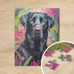 Black Lab Portrait Modern Art Jigsaw Puzzle<br><div class="desc">A striking modern art portrait of a black lab set against an abstract pink and green floral garden background. The dog’s dark silhouette contrasts beautifully with the vibrant, swirling colors of the garden, blending nature and animal in an expressive, contemporary style. The abstract brushstrokes create a sense of movement and...</div>