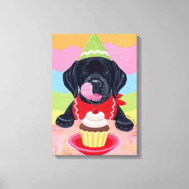 Black Lab Puppy Birthday Cupcake Painting canvas Print (Front)