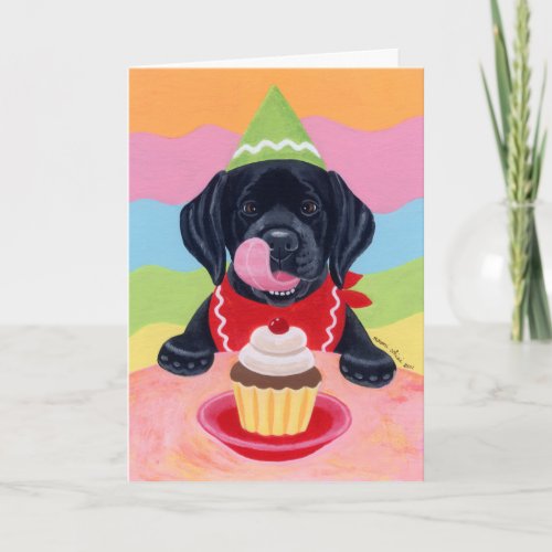 Black Lab Puppy Birthday Cupcake Painting Card