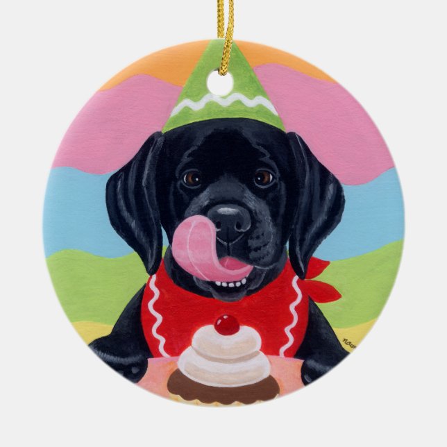 Black Lab Puppy Birthday Cupcake Painting Ceramic Ornament (Front)