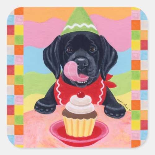 Black Lab Puppy Birthday Cupcake Painting Square Sticker