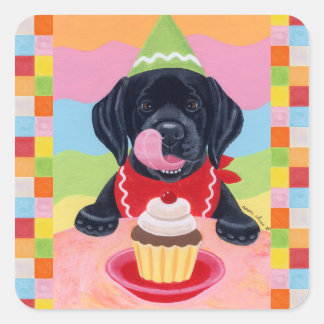 Black Lab Puppy Birthday Cupcake Painting Square Sticker