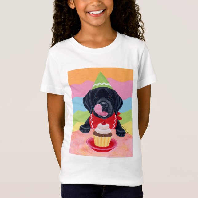 Black Lab Puppy Birthday Cupcake Painting T-Shirt (Front)