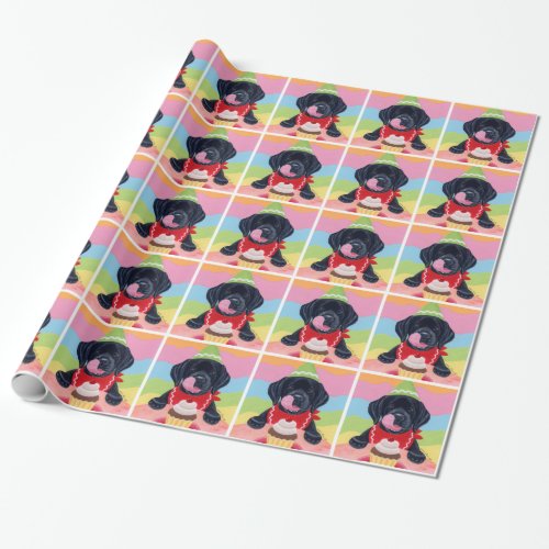 Black Lab Puppy Birthday Cupcake Painting Wrapping Paper