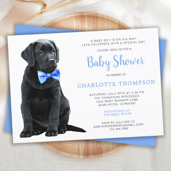 Black Lab Puppy Dog Blue Boy Baby Shower Invitation by BlackDogArtJudy at Zazzle