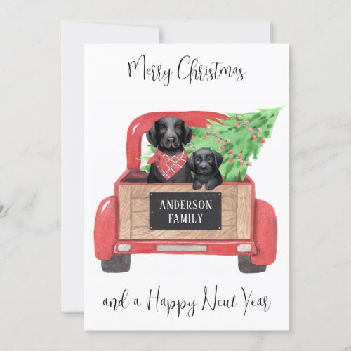 Black Lab Puppy Dog Red Truck Merry Christmas Holiday Card