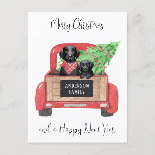 Black Lab Puppy Dog Red Truck Merry Christmas  Holiday Postcard