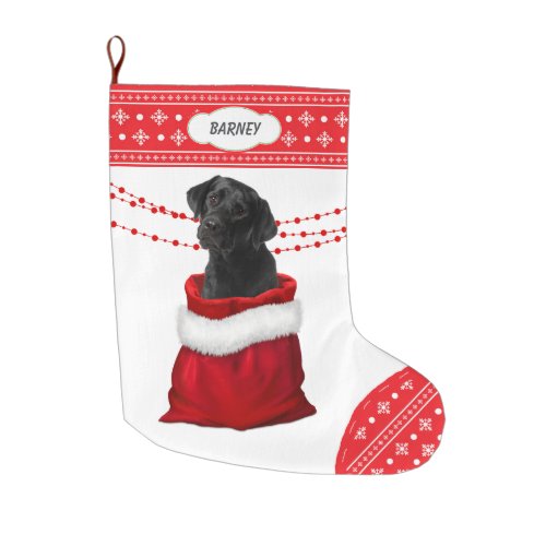 Black Lab Puppy Dog Snowflake Border Large Christmas Stocking