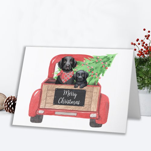 Black Lab Puppy Dog Vintage Christmas Red Truck Holiday Card