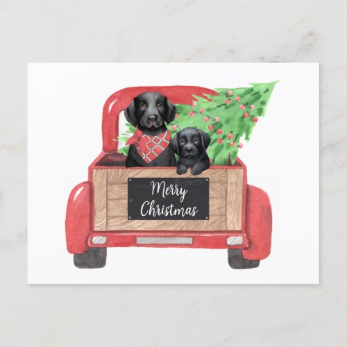 Black Lab Puppy Dog Vintage Red Christmas Truck  Holiday Postcard