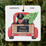 Black Lab Puppy Dog Vintage Red Truck Christmas Ceramic Ornament<br><div class="desc">Send christmas greetings this holiday season with this black labrador retriever dogs in a watercolor design. This black labrador holiday ornament features two labrador pups in a watercolor red christmas truck with holiday tree. Personalize with greeting, name and year.. This black labrador christmas ornament will be a favorite among black...</div>