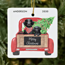 Black Lab Puppy Dog Vintage Red Truck Christmas Ceramic Ornament