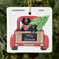Black Lab Puppy Dog Vintage Red Truck Christmas Ceramic Ornament at Zazzle