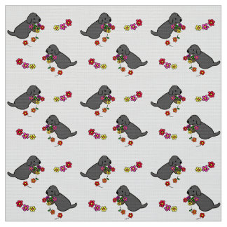 Black Lab Puppy Flower Basket Cartoon Fabric