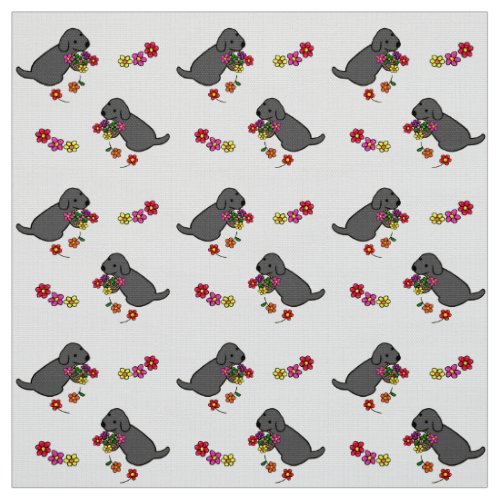 Black Lab Puppy Flower Basket Cartoon Fabric