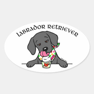 Black Lab Puppy Ice Cream Cartoon Oval Sticker