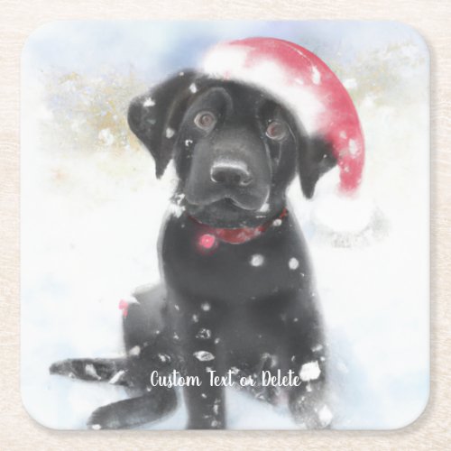 Black Lab Puppy in Christmas Santa hat Custom Text Square Paper Coaster