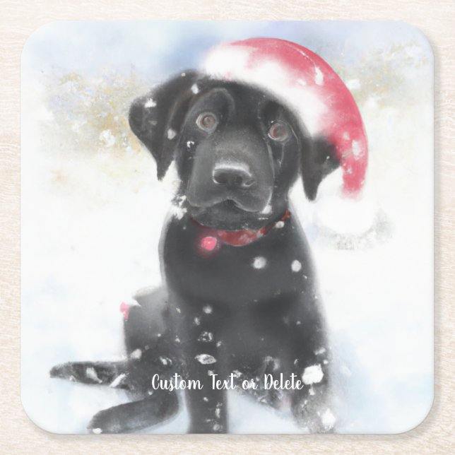 Black Lab Puppy in Christmas Santa hat Custom Text Square Paper Coaster (Front)