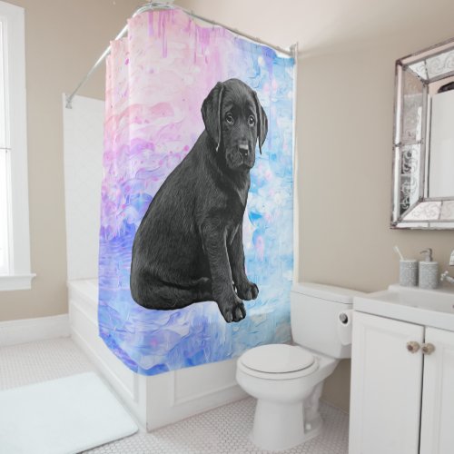 Black Lab Puppy _ Pink Blue Watercolor_ Labrador Shower Curtain