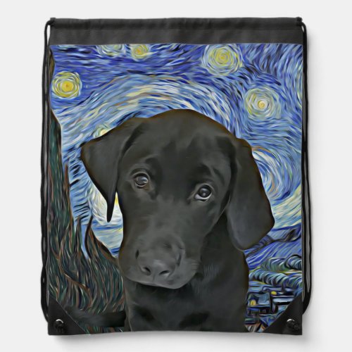 Black Lab Puppy Starry Night Van Gogh Inspired Drawstring Bag