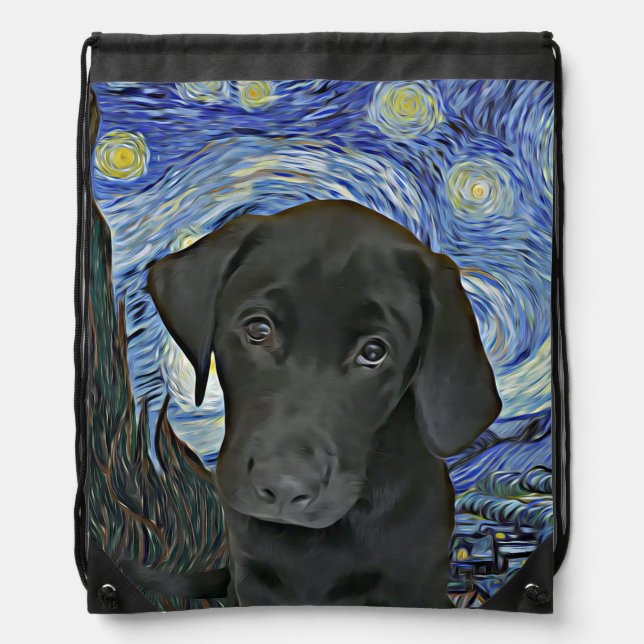 Black Lab Puppy Starry Night Van Gogh Inspired Drawstring Bag (Front)