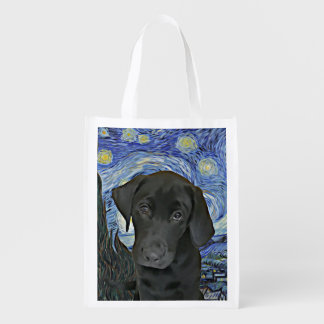Black Lab Puppy Starry Night Van Gogh Inspired Grocery Bag