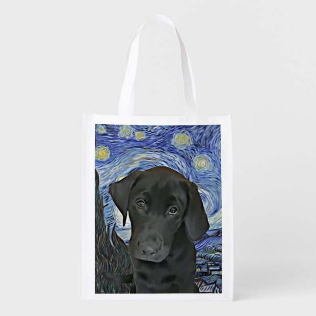 Black Lab Puppy Starry Night Van Gogh Inspired  Grocery Bag (Front)