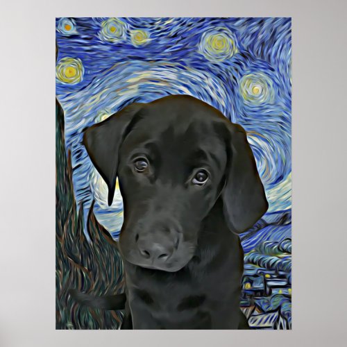 Black Lab Puppy Starry Night Van Gogh Inspired Poster