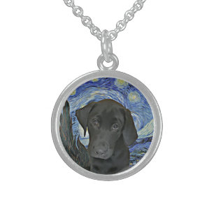 Black Lab Puppy Starry Night Van Gogh Inspired Sterling Silver Necklace