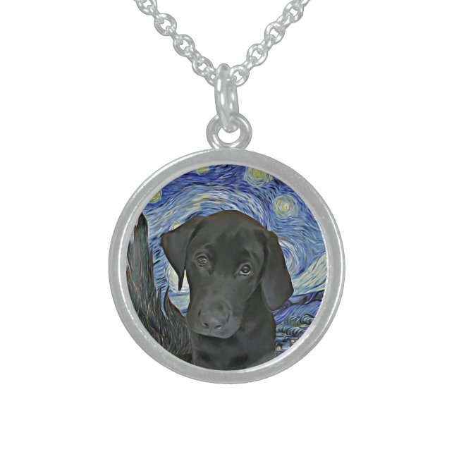 Black Lab Puppy Starry Night Van Gogh Inspired Sterling Silver Necklace (Front)