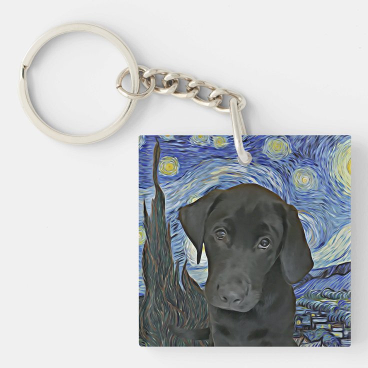 Black Lab Puppy Starry Night Van Gogh Inspired Th Keychain | Zazzle