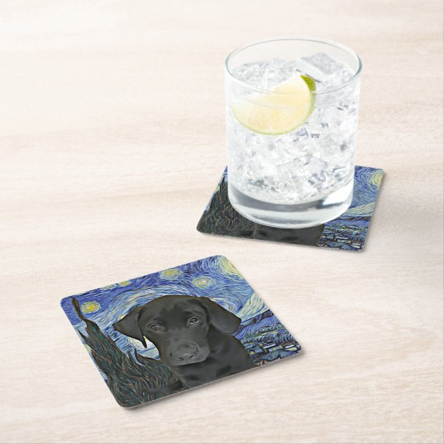 Black Lab Puppy Starry Night Van Gogh Inspired  Th Square Paper Coaster (Insitu)