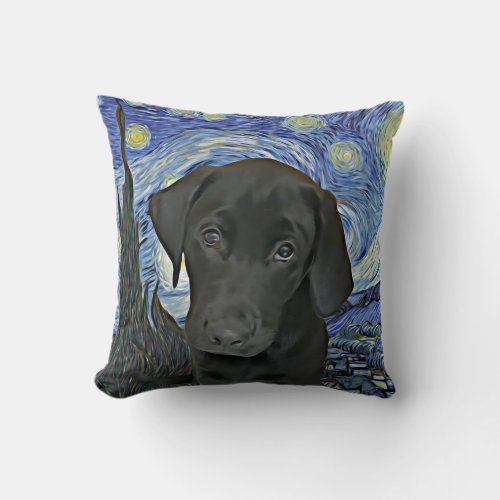 Black Lab Puppy Starry Night Van Gogh Inspired  Throw Pillow
