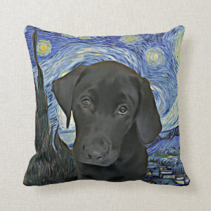 Black Lab Puppy Starry Night Van Gogh Inspired Throw Pillow