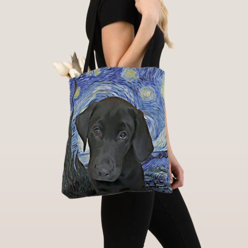 Black Lab Puppy Starry Night Van Gogh Inspired  Tote Bag