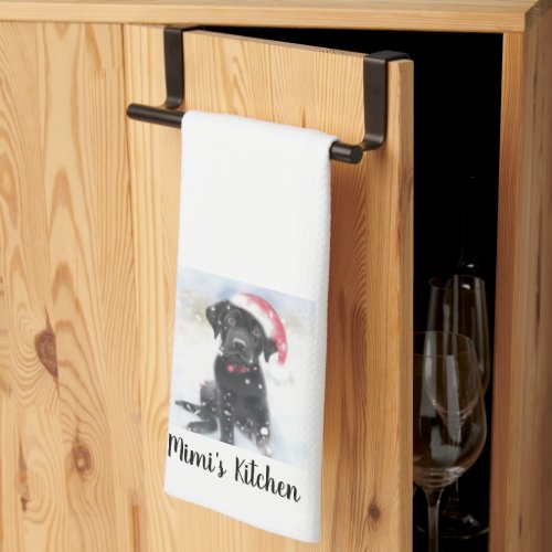 Black Lab Puppy wearing Santa Hat Custom Text Kitchen Towel