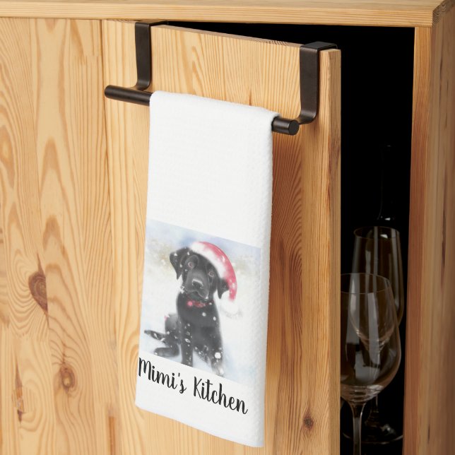 Black Lab Puppy wearing Santa Hat, Custom Text Kitchen Towel (Thirds Fold)