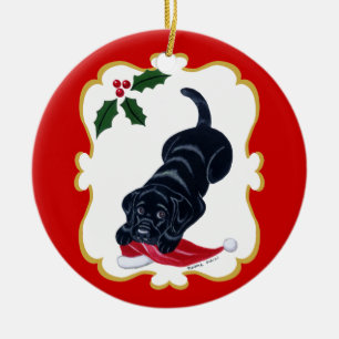 Black Lab Puppy with Santa Hat Ceramic Ornament
