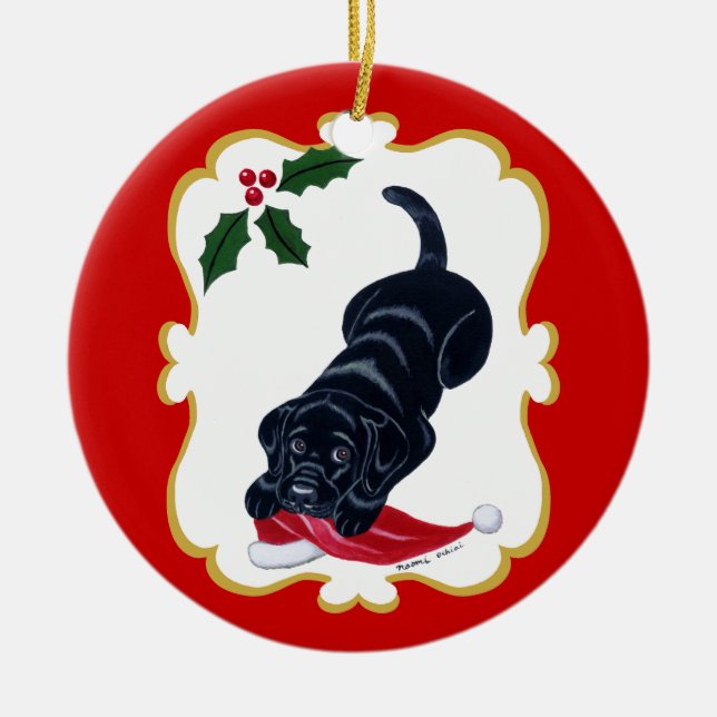 Black Lab Puppy with Santa Hat Ceramic Ornament (Front)