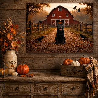 Black Lab, Red Barn, Crows Autumn Scene |  Faux Canvas Print