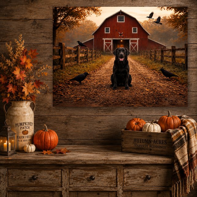 Black Lab, Red Barn, Crows Autumn Scene |  Faux Canvas Print (Creator Uploaded)