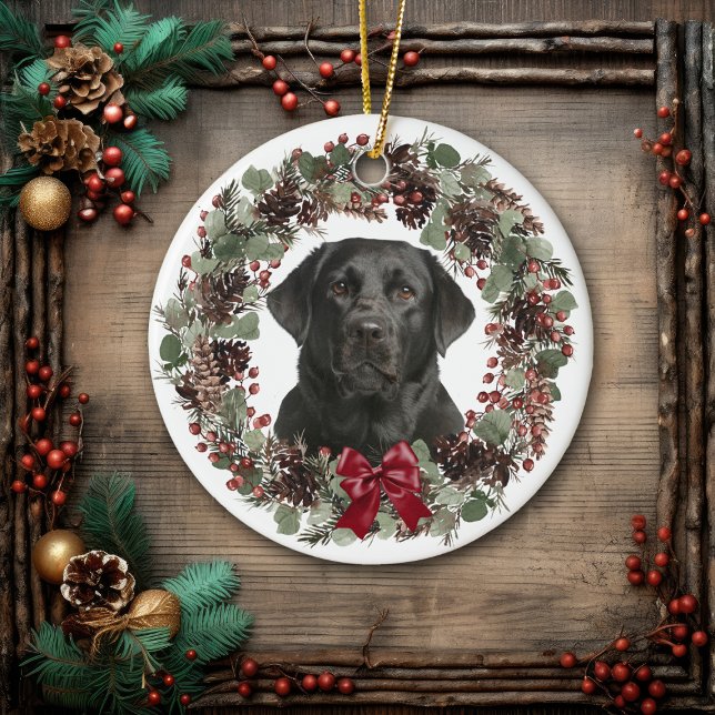 Black Lab Red Bow Pinecone Wreath Personalized Ceramic Ornament (Creator Uploaded)